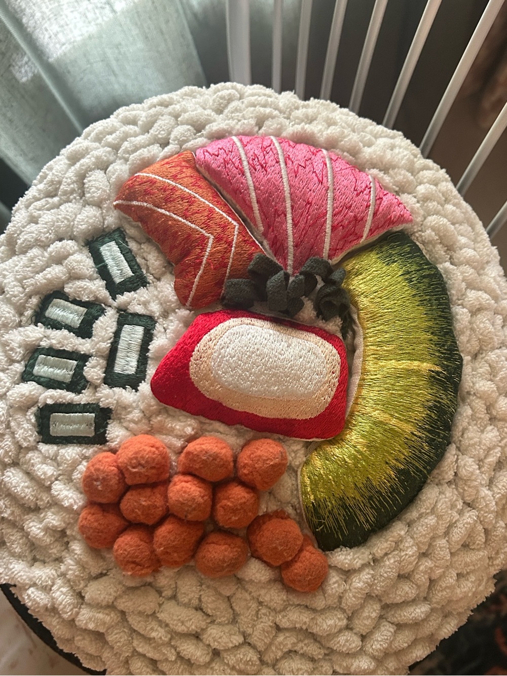 Round Embroidered Maki Sushi Shaped Throw Pillow
